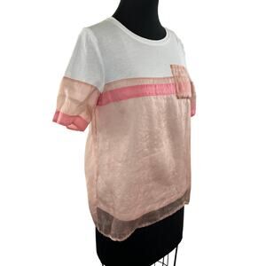 Riani Pink White Striped Colorblock Short Sleeve Crew Neck Sheer T-Shirt Size 6